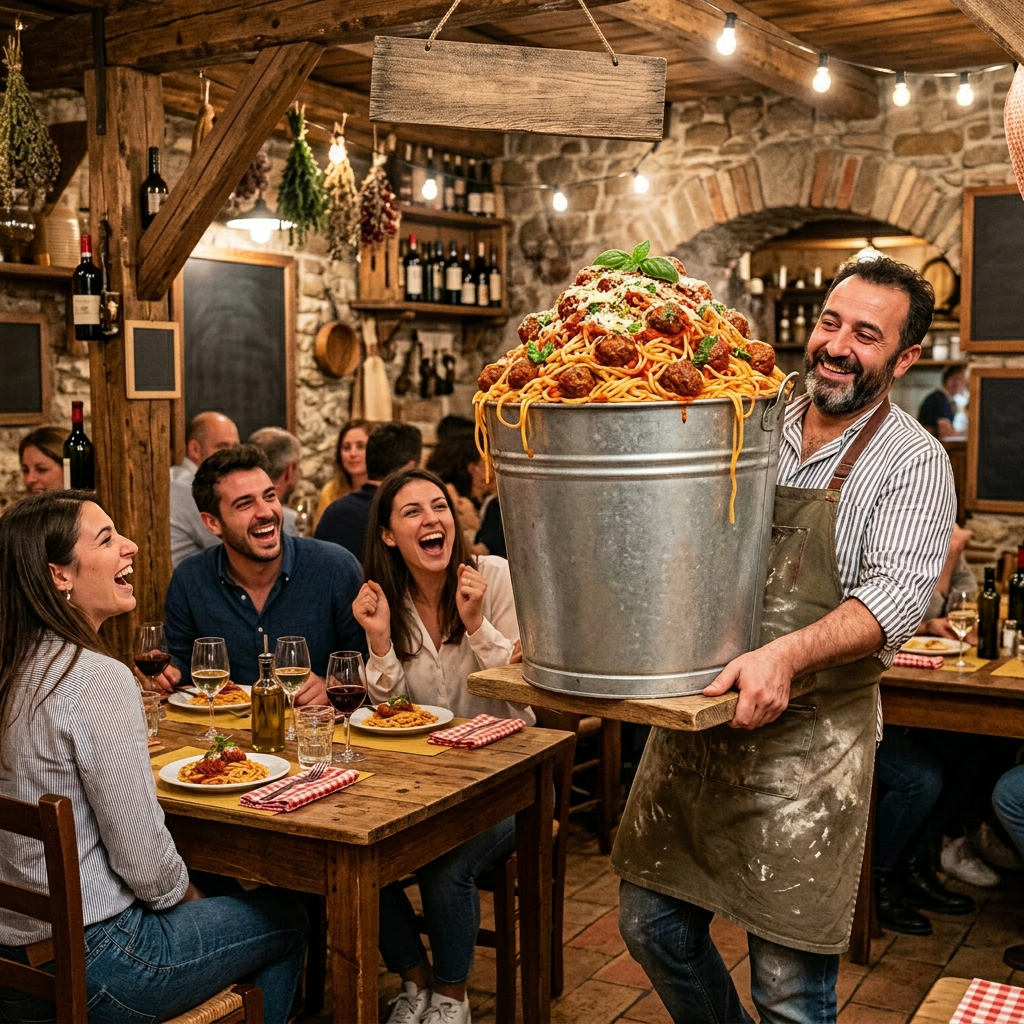 Waiter carrying giant 25kg bucket of spaghetti and meatballs to laughing diners